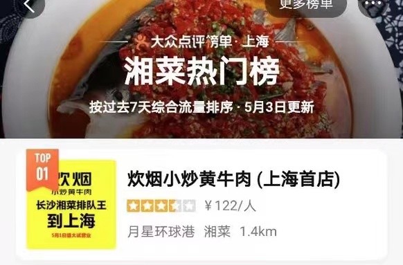  长沙湘菜排队王 2天登顶大众点评上海湘菜热门榜第一名