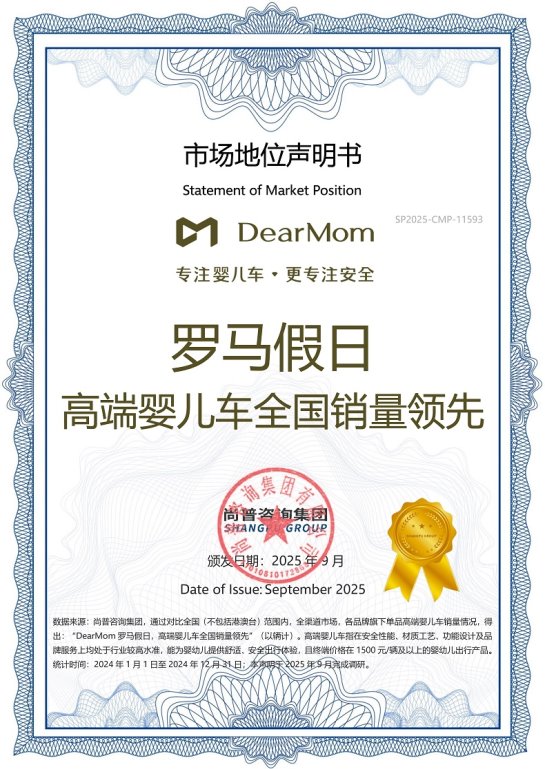 DearMom 罗马假日婴儿车荣膺尚普咨询全国销量双认证 DearMom 罗马假日婴儿车荣膺尚普咨询全国销量双认证