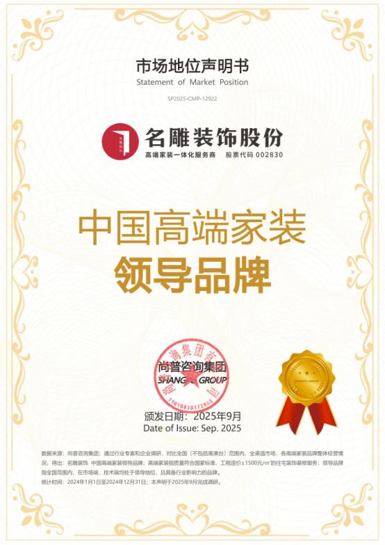 名雕装饰荣获尚普咨询集团系列市场地位声明