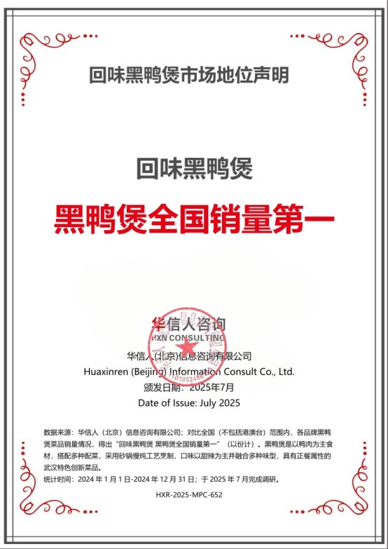 回味黑鸭煲荣获华信人系列市场地位声明 回味黑鸭煲荣获华信人系列市场地位声明