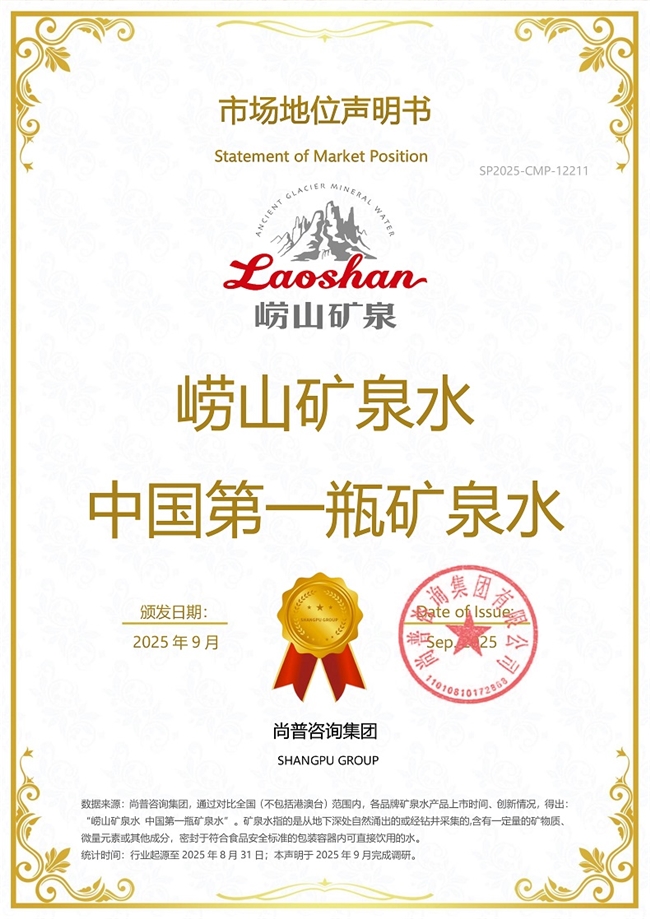 崂山品牌系列产品荣获尚普咨询集团多项市场地位声明