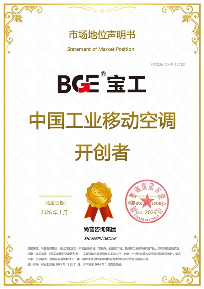 宝工电器工业移动空调荣获尚普咨询集团系列市场地位声明