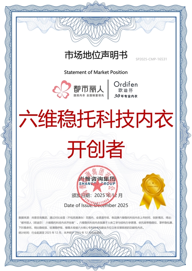 都市丽人（欧迪芬）荣获尚普咨询权威市场地位声明