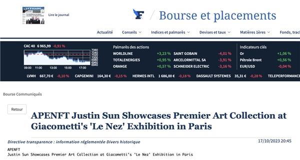 权威媒体聚焦：贾科梅蒂《鼻子》特展开幕 孙宇晨顶级藏品亮相巴黎