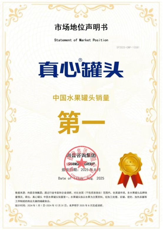 真心罐头荣获尚普咨询集团系列市场地位声明 真心罐头荣获尚普咨询集团系列市场地位声明