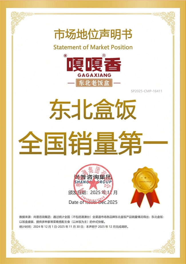 嘎嘎香东北盒饭荣获尚普咨询集团系列市场地位声明